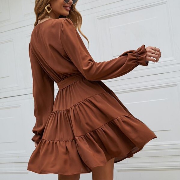 Rust Brown Button Ruffle V neck Mini Dress - Picture 3 of 5
